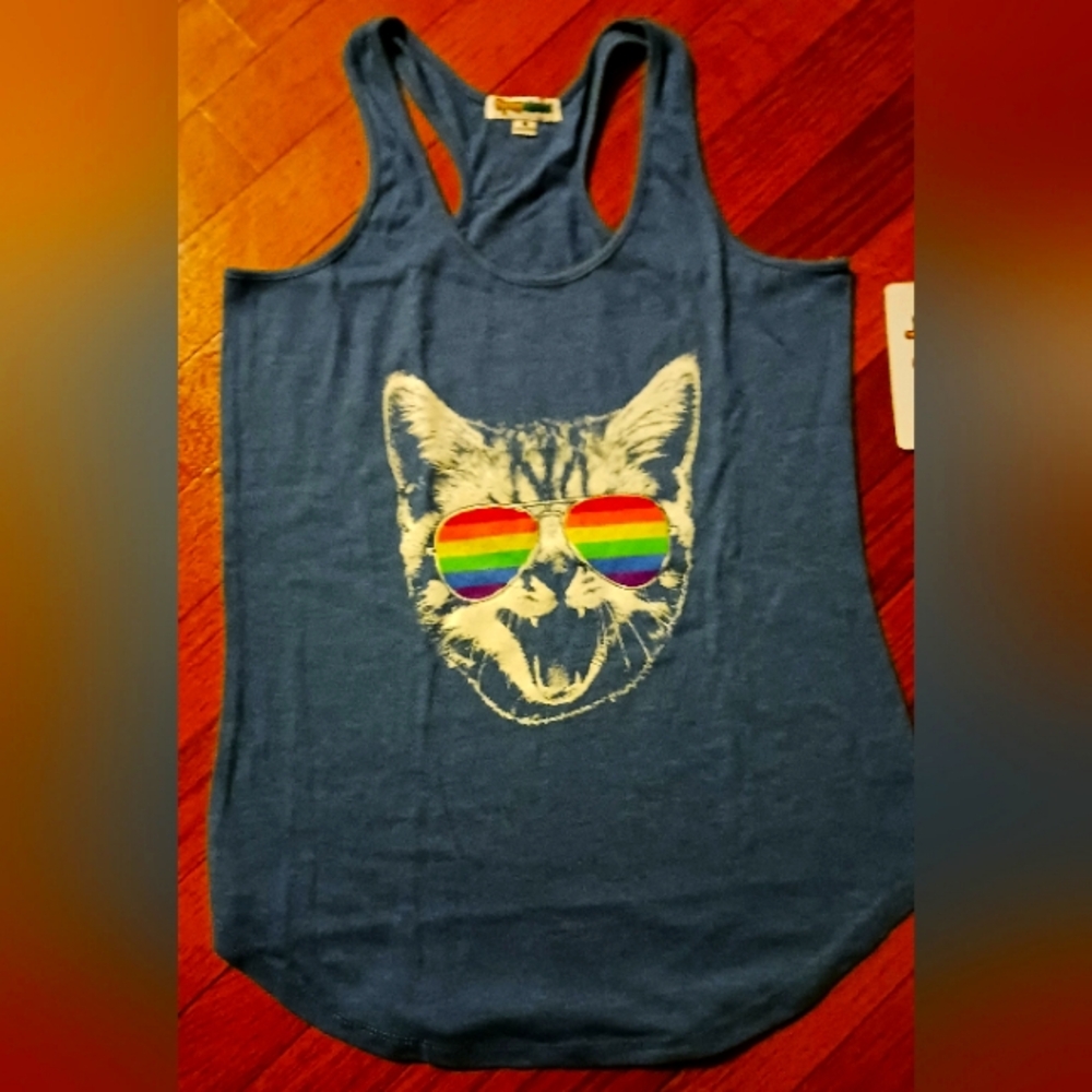 Blue tank top w/ cat and rainbow glasses Sz S nwt